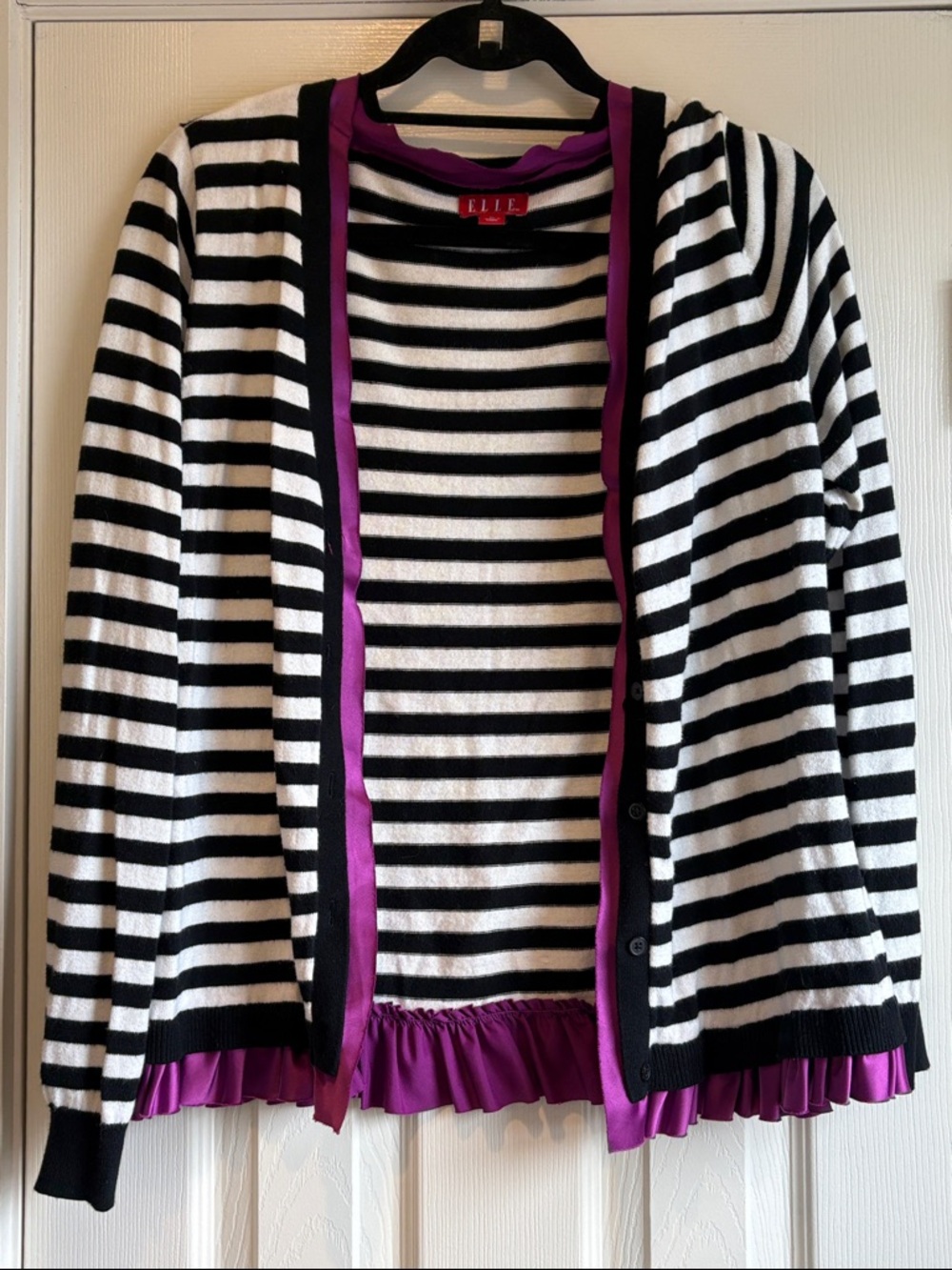 Elle | Black & White Striped w/ Purple Accents Cardigan Button Up Size XL
